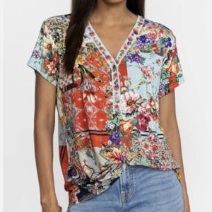 Johnny Was Otti Multi Floral Button Neck Tee Shirt Top L 22 inches pit to pit
